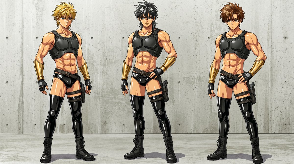 Boxer_ryu's tweet photo. 雑兵のダークセイバー部隊が警戒しているシーン。
全滅シーン。
その3人イケメン顔。がめっちゃいい感じに仕上がった。
イケメン顔が上手くできたなー。
#DARKSAVER
#競パン
#イケメン　
#やられ　
#AIイラスト https://t.co/2QgLQjkur3