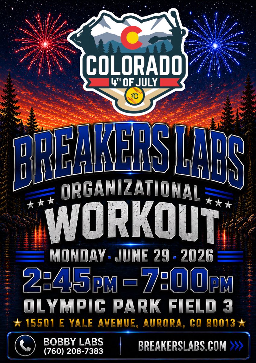 16u_breakers's tweet photo. The countdown is on! Breakers Labs athletes will be taking the field in Colorado for our Organizational Workout.

📍 Olympic Park – Field 3
📅 Monday • June 29, 2026
⏰ 2:45 PM – 7:00 PM
📍 15501 E Yale Avenue, Aurora, CO 80013

📞 Coach Bobby Labs: (760) 208-7383 @COSparkFire @EFP_Solutions @LineDsoftball @ExtraInningSB @CoastRecruits