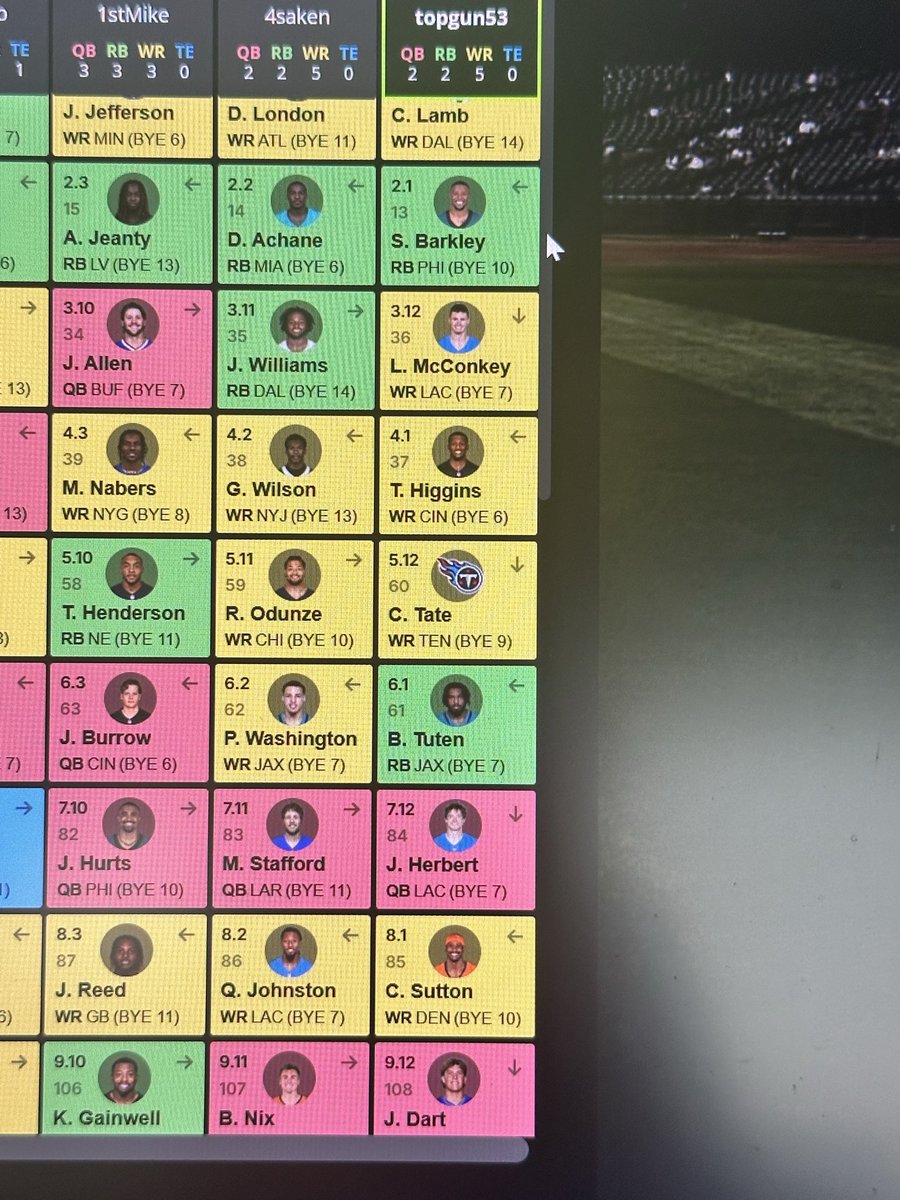Shivdaddy1's tweet photo. @JustinHerzig DK - current RBs Tuten and Barkley.  

First pick round 10, I want my third RB who you taking?

Brooks
Dobbins
Jones Sr
White
Bill
Mason https://t.co/sCUB5pe472