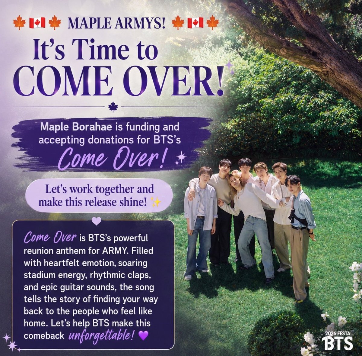 mapleborahae's tweet photo. 🍁 🇨🇦 🍁 MAPLE ARMYS! 🍁 🇨🇦 🍁

It’s time to COME OVER!

Maple Borahae is funding BTS’s Come Over on all digital platforms! Let’s work together and make this release shine!

#canada #maplearmy https://t.co/nl0yuhSOVo