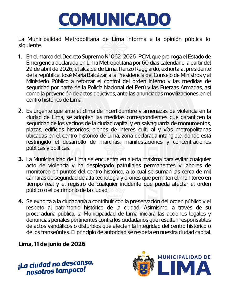 MuniLima's tweet photo. 🔴 #Comunicado | La Municipalidad Metropolitana de Lima pone en conocimiento de la opinión pública lo siguiente: https://t.co/E7aGmqw9nk