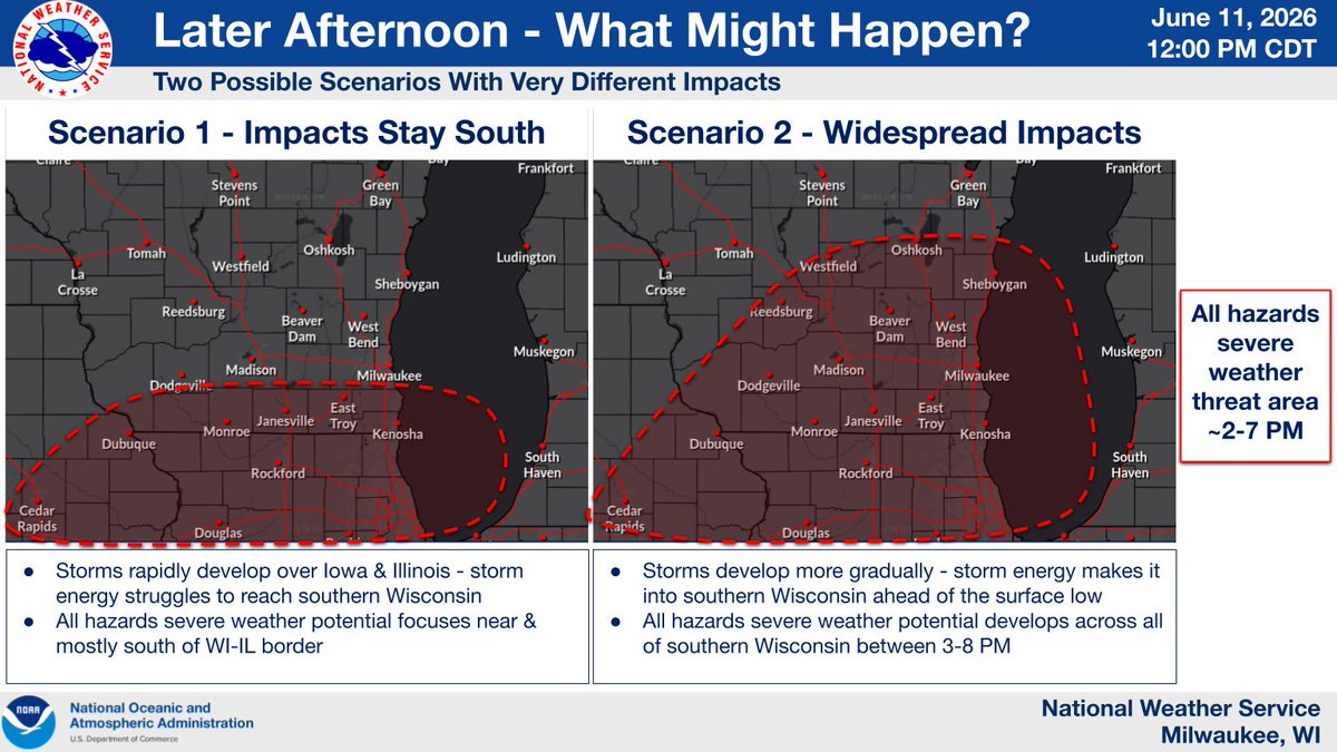 NWSMilwaukee's tweet photo. If enough storm energy builds back into the area, widespread and potentially significant severe wx would be possible. Heavy downpours in storms could lead to flooding potential, with a Flood Watch now in effect across all of southern WI. Have multiple ways to receive warning info https://t.co/17yefixF3N