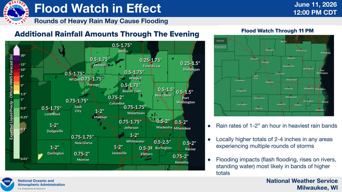 NWSMilwaukee's tweet photo. If enough storm energy builds back into the area, widespread and potentially significant severe wx would be possible. Heavy downpours in storms could lead to flooding potential, with a Flood Watch now in effect across all of southern WI. Have multiple ways to receive warning info https://t.co/17yefixF3N