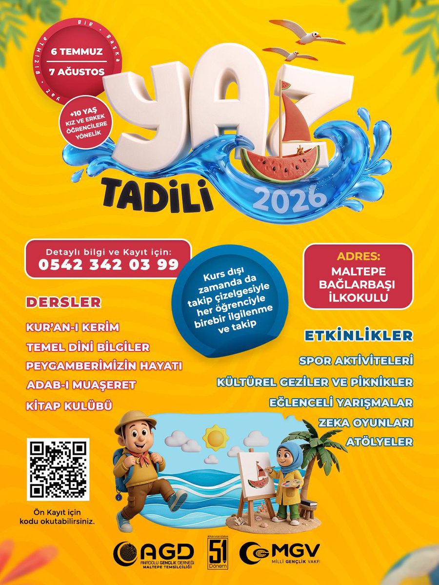 AGDMaltepe's tweet photo. ⌛️ 🌊 🏊‍♂️☀️ 🌍 
Yaz Etkinliklerimiz Başlıyor..☺️

Seni De, Bu Yazı Tadil Etmeye Bekliyoruz..😊
Ön Kayıtlarımız Başladı 

��� Tarih: 6 Temmuz – 7 Ağustos

📍 Yer: Maltepe Bağlarbaşı İlkokulu

📞 Kayıt : 0542 342 03 99

📲 Ön kayıt için kodu okutabilirsiniz.

https://t.co/0hd1nyHq8D https://t.co/QeaCSYsJpq