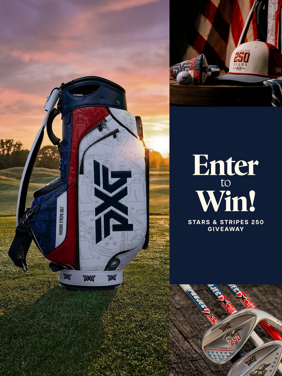 pxg's tweet photo. Enter for a chance to win one of 20 exclusive PXG Stars &amp; Stripes 250 prize packages, w/ our grand prize featuring special-edition items including:
- One-of-a-kind set of Stick’em Forged Wedges w/ @ProjectXGolf 
- Tour Bag
- Headcovers
- Hat
- Golf balls
https://t.co/UDTLxbSs11 https://t.co/VWnymKGLKR
