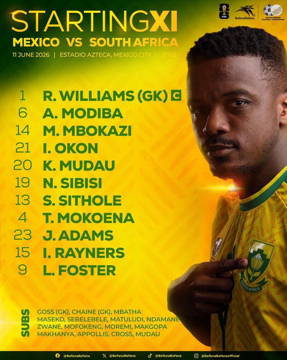 Toko900's tweet photo. @BafanaBafana starting line-up v Mexico. #2026FIFAWorldCup https://t.co/PAcFSx5ETY