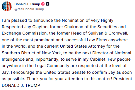 GuntherEagleman's tweet photo. 🚨 JUST IN!  TRUMP NAMES JAY CLAYTON AS NEXT DIRECTOR OF NATIONAL INTELLIGENCE 

President Trump just announced the nomination of Jay Clayton, former SEC Chairman, top attorney at Sullivan & Cromwell, and current U.S. Attorney for the Southern District of New York, to lead National Intelligence and serve in his Cabinet.

A heavyweight legal mind with massive respect across the board. Smart pick.

Senate needs to confirm him ASAP. America First team getting stronger.