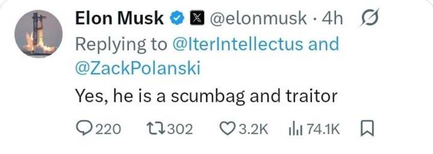 BladeoftheS's tweet photo. Elon Musk, the most hated person in the World in the UK, has called Zack Polanski a scumbag and a traitor.

What an amazing endorsement. https://t.co/pVFTO6jFdx