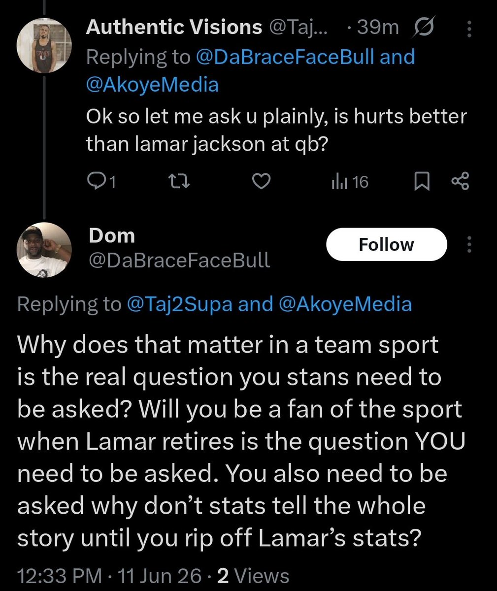 Taj2Supa's tweet photo. @DaBraceFaceBull @AkoyeMedia Let's switch Lamar for Joe burrow then. Is Joe better than hurts? https://t.co/CTXHT5DThF
