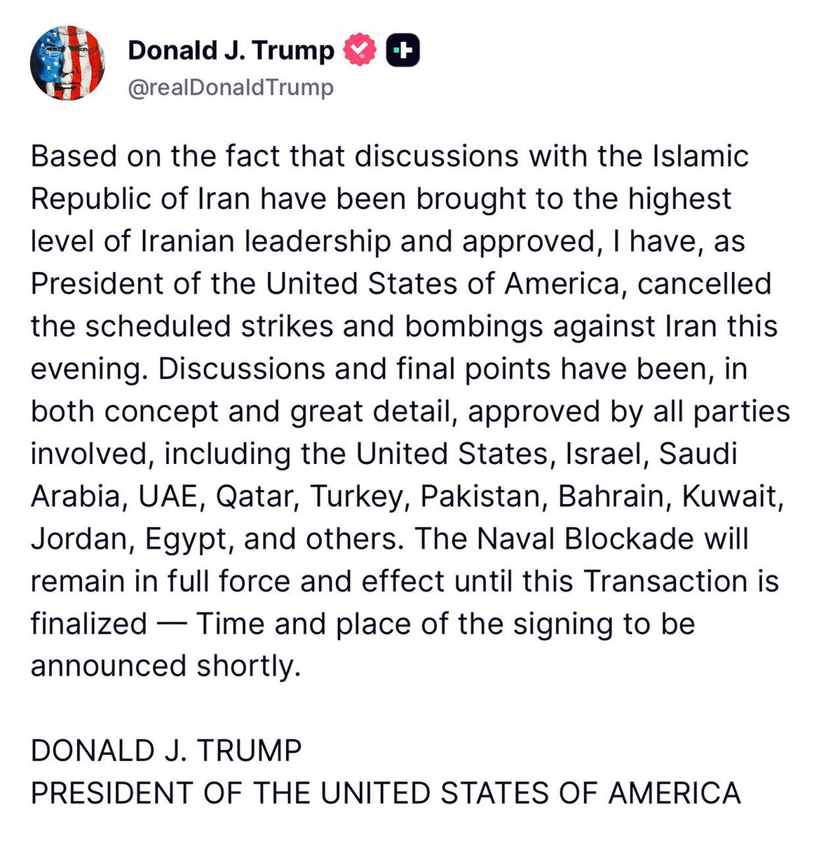 mog_russEN's tweet photo. Trump announces the cancellation of the airstrikes and bombing campaign against Iran that had been announced for tonight. https://t.co/JR9YAxJg5P