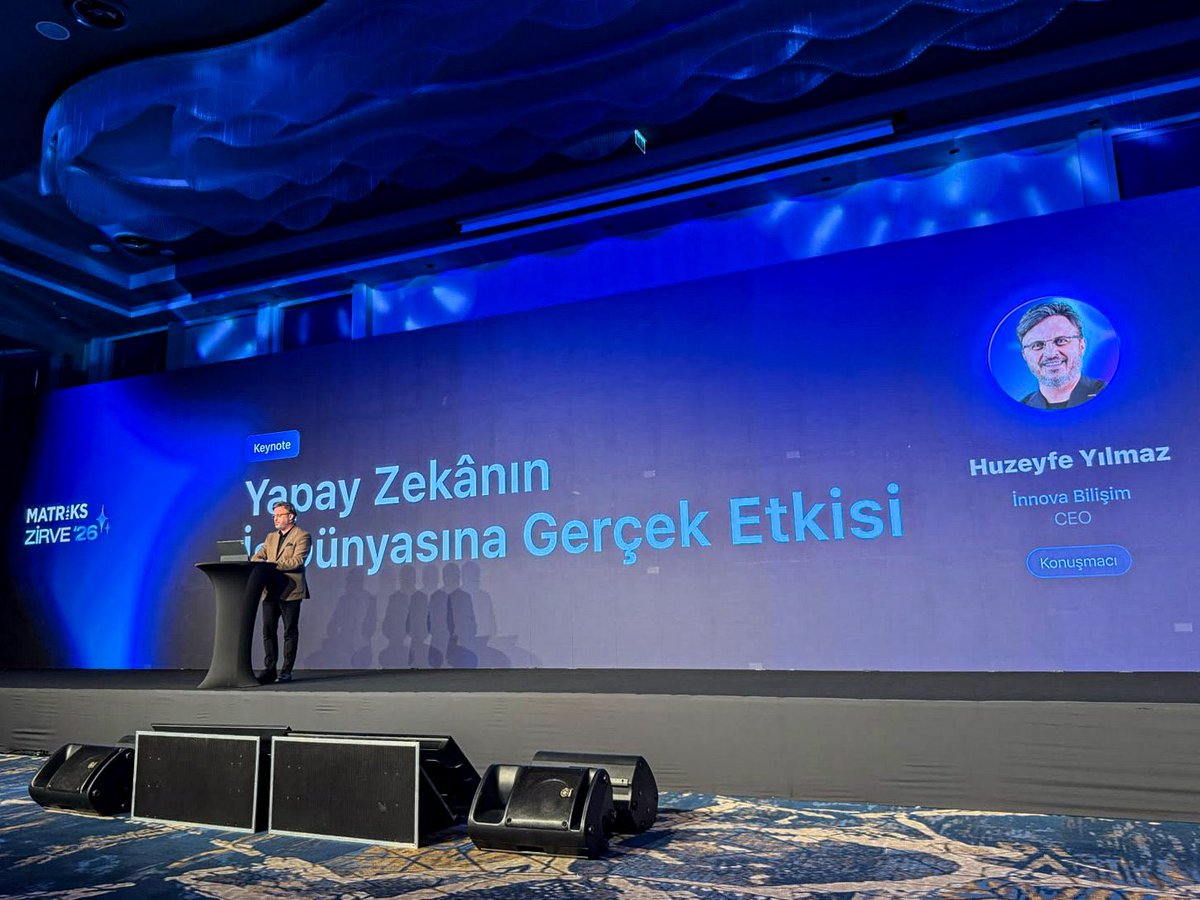 innovabilisim's tweet photo. Genel Müdürümüz Sayın Huzeyfe Yılmaz, Matriks Zirve 2026’da “Yapay Zekânın İş Dünyasına Gerçek Etkisi” başlıklı keynote konuşmasını gerçekleştirdi.

Yapay zekânın kurumları nasıl dönüştürdüğünü, rekabetin kurallarını nasıl değiştirdiğini ve geleceğin iş dünyasını nasıl şekillendirdiğini katılımcılarla paylaştı.

#İnnovaBilişim #MatriksZirve2026