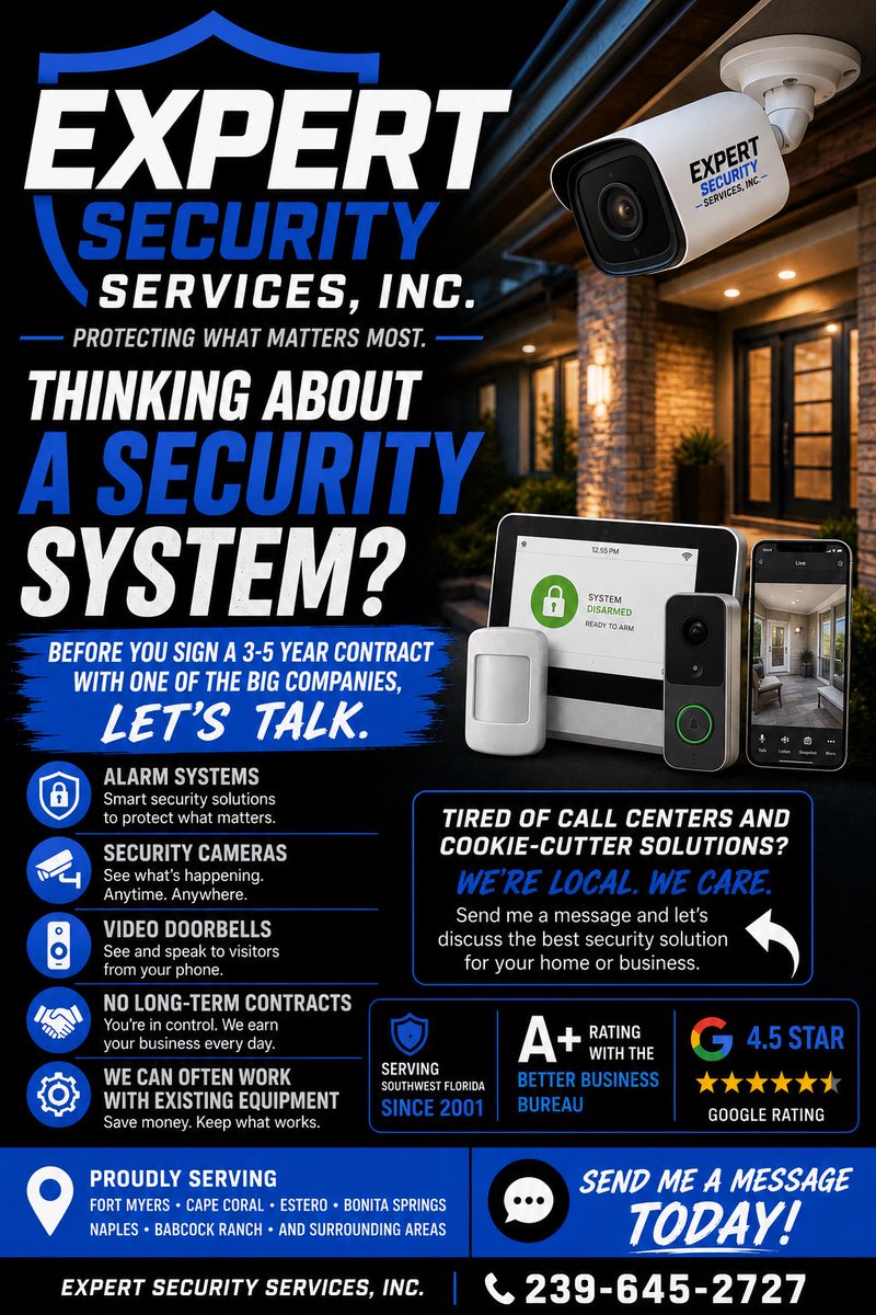 ESS239's tweet photo. Thinking about a security system?

Don't get locked into a 3-5 year contract with a big company.

✅ Alarm Systems
✅ Security Cameras
✅ No Long-Term Contracts

Locally owned &amp; serving SWFL since 2001.

Call our office at 239-437-3980 for a FREE estimate.

#SWFL https://t.co/1NUnP7ioDO