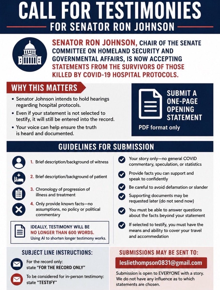 NurseMicheleRN's tweet photo. #MakeItKnown 
‼️SHARE‼️

✔️Share this link & graphic with anyone who has a loved one who DIED in the hospital “WITH COVID”

✔️ Share this with ALL MEDICAL PROFESSIONALS within your circles

⏰TIME SENSITIVE⏰
July 10, 2026
(see attachment by @NursesOutLoud to know how to turn in your testimony)
👇🏼
https://t.co/LYyObV779X…

[For step-by-step instructions👉🏼see #NurseMicheleTalksPodcast X Space 6.8.26 found under my highlights, TITLE:  ‘HOW TO SUBMIT YOUR COVID HOSPITAL STORY TO THE CONGRESSIONAL RECORD’]

✔️ Make copies of the attached, graphic:

📌Hang in the following locations:
-doctors lounge
-Nurses lounge
-Medical waiting room room magazine tables
-grocery store entrance window
-coffee shop bulletin boards

👏Pass them Out:
-women’s/men’s groups
-community gatherings
- Bible studies
-Public events

🗞️Get it in your local newspaper
#MakeItKnown 

#NurseMicheleTalksPodcast 

@Gail13007674 
@Jodiomalleyrn 
@peg95689 
@LeslieBatts02 
@SenRonJohnson
@SecKennedy 
@DawnsMission 
@unhealthytruth 
@NicHulscher 
@DrMargaretShow 
@HyltonRobin 
@ValerieAnne1970 
@WallStreetApes 
@MaryBowdenMD 
@naomirwolf 
@delbigtree 
@ChildrensHD 
@JohnBeaudoinSr 
@liz_churchill10 
@Fynnderella1 
@FormerFeds 
@annvandersteel 
@FmrRepMTG 
@RepThomasMassie 
@MarbleBenjamin 
@P_McCulloughMD 
@RandPaul 
@stkirsch 
@VigilantFox 
@uTobian 
@VacSafety