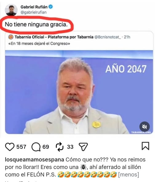 pepeluspain's tweet photo. Rufián se molesta con la foto de IA de él  em el.año 2047 aferrado al sillón que dijo dejaría en menos de.un año.#RufiánAño2047 https://t.co/xgZLYCa7vi