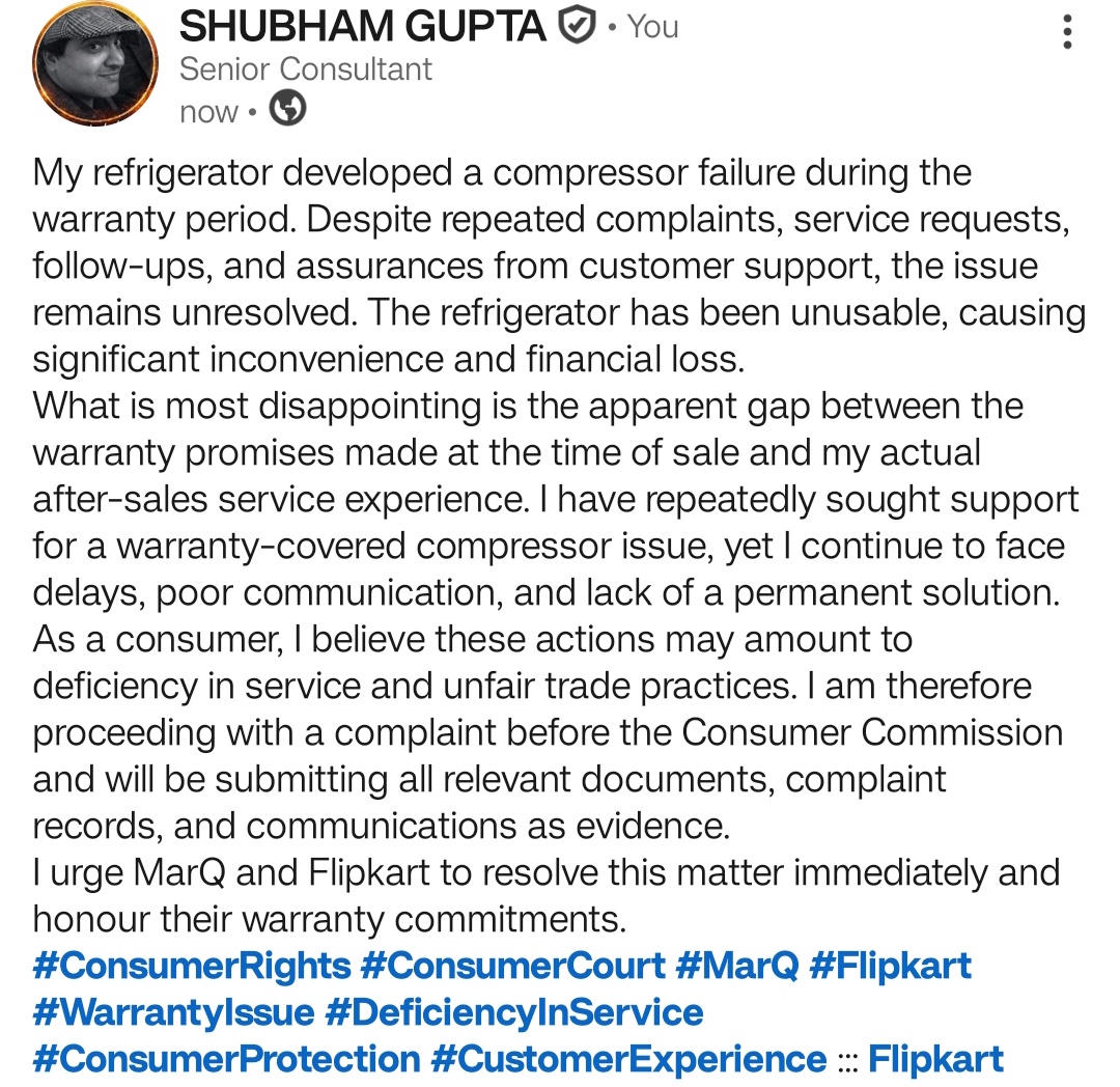 Shubham0377's tweet photo. @Flipkart @Flipkart33337
#ConsumerRights #ConsumerCourt #MarQ #Flipkart #WarrantyIssue #DeficiencyInService #ConsumerProtection #CustomerExperience ::: @jagograhakjago @forum_consumer https://t.co/z4AJFQFEQt