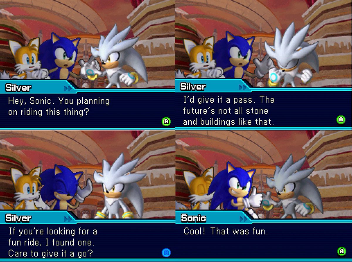 PrettyFluffyBoy's tweet photo. Sonic's playful in their first encounter. Silver's not having it. Next time, Silver recalls that playfulness and challenges Sonic to a "game" as a means to an end.

After that, he makes a habit of showing Sonic games he might think are fun. Silver starts to genuinely get into it. https://t.co/N02VGzJckg