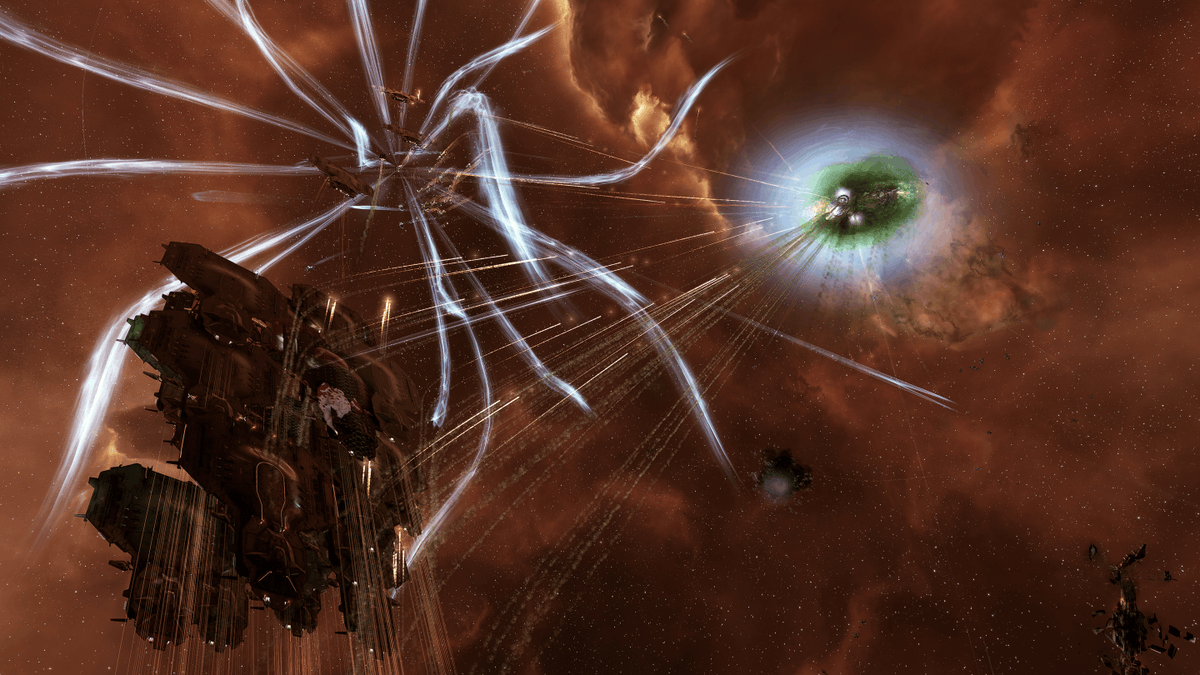 EveOnline's tweet photo. The system of Dal continues to be quite contentions in the Minmatar-Amarr warzone!

This fight between Minmatar Fleet Alliance, Only Fleets, Deepwater Hooligans, CVA, Sedition, and several allies on both sides escalated into some pretty serious explosions 💥 

Which initiatives are you supporting in the military campaigns? Amarr's Blessed Exchange or the Starkmanir Restoration project?
