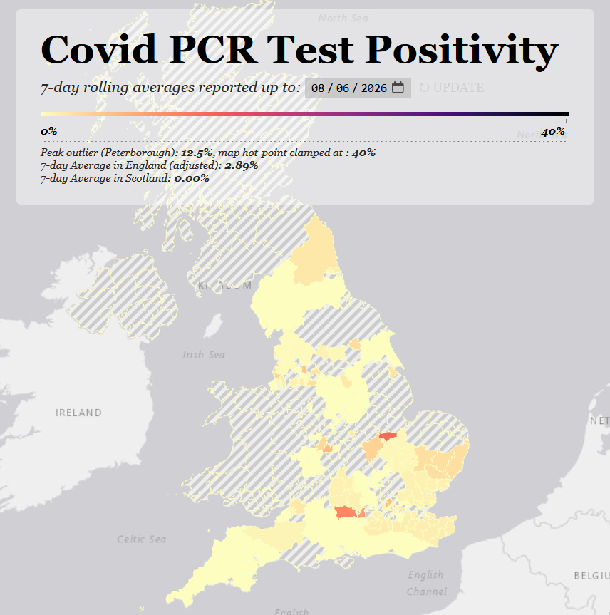 skeuomorphology's tweet photo. The PCR positivity map is out and it's another poor week for reporting, with data delays owing to the late May Bank Holiday mentioned on DASH.

Adjusted national positivity is 2.89%.

https://t.co/1phcyp7jth

1/4 https://t.co/Y8eMYBJDtZ