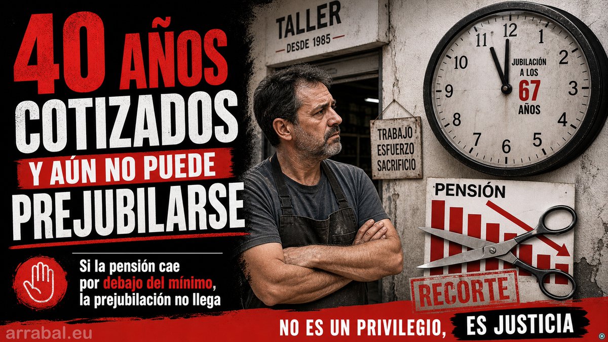 arrabal's tweet photo. 40 años cotizados y muchos autónomos seguiran sin poder prejubilarse.
Si la pensión baja del mínimo, no hay salida.
Más cotización debería significar más derechos, no más castigo.
¿Te parece justo?
https://t.co/B3IZdIDUas https://t.co/kWJVPPDvjD