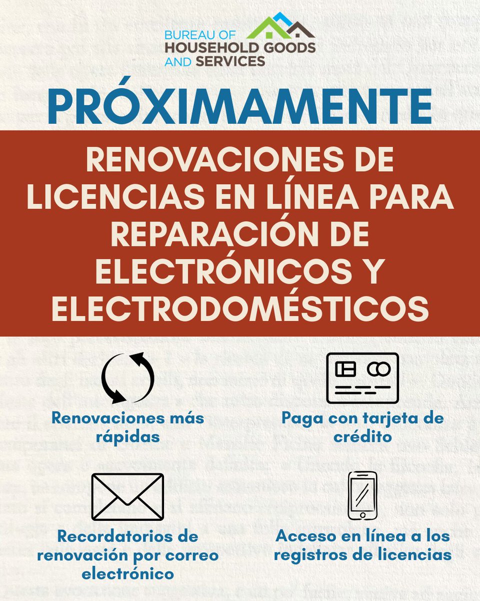 CalBHGS's tweet photo. Negocios de reparación de electrónicos y electrodomésticos: renovar su licencia es fácil con nuestro nuevo sistema, Connect!
 
Manténgase atento a una carta que llegará unas semanas antes de su aviso de renovación, con información sobre cómo empezar: https://t.co/UlAqkA07T1 https://t.co/33tt1huOaR
