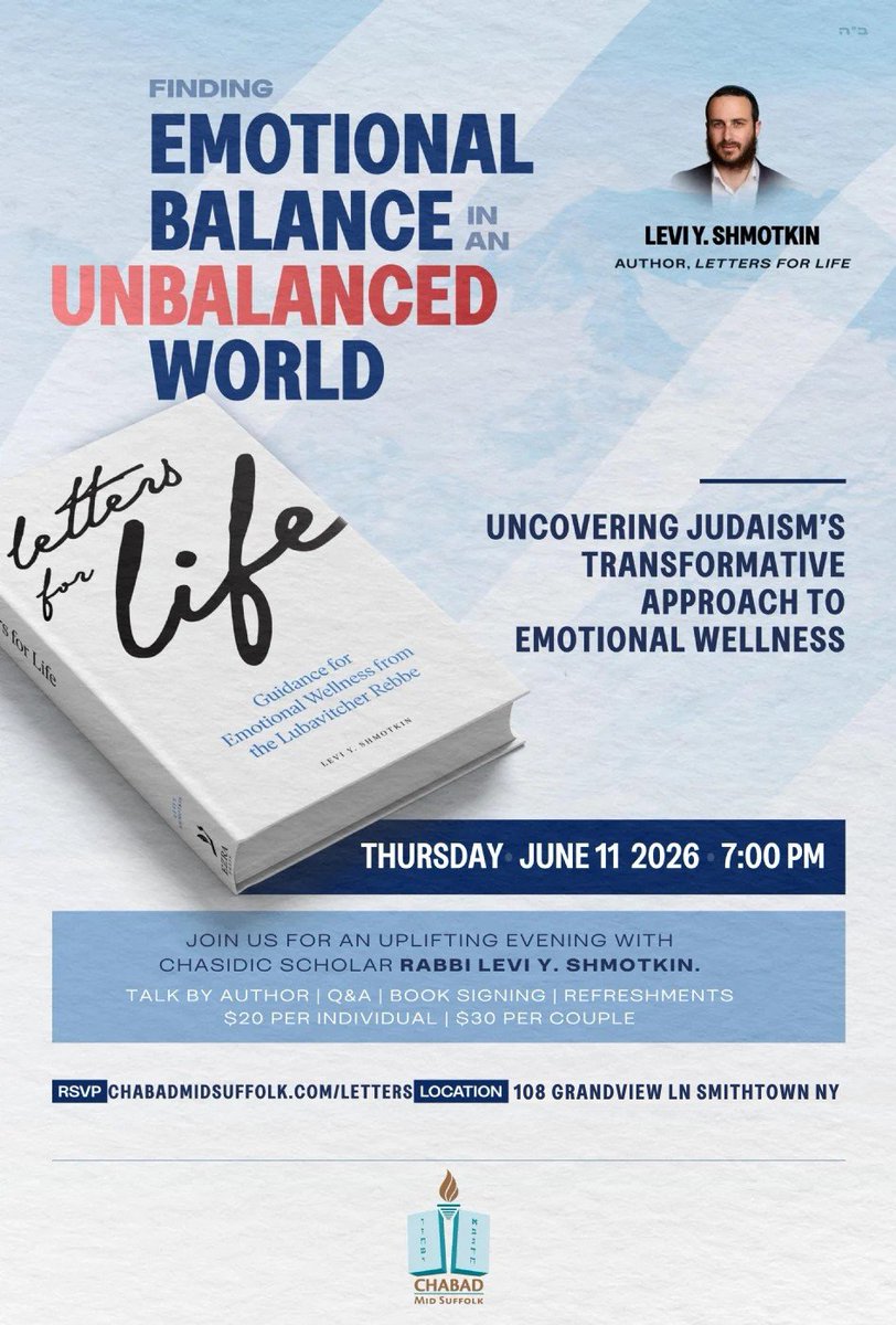 CommackRabbi's tweet photo. There's still room to join us for an evening of insight with Rabbi Shmotkin, as he shares his view on emotional wellness and stability.

Please note that there's a change of location and tonight's gathering will now be held at 108 Grandview Ln, Smithtown.

https://t.co/NSSQn8VQL5 https://t.co/hxOoDbFBZX