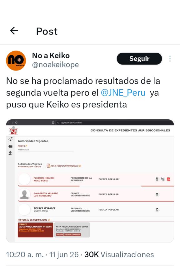 warriorperuvian's tweet photo. El colectivo de izquierda "No A KEIKO" ponen un post donde dicen "el JNE ya proclamo a Keiko como presidenta". Pero resulta que...
El pantallazo que comparten los rojos, solo es la información de los candidatos y a qué cargo postulan.
ZURDOS IDIOTAS NI PARA MENTIR SIRVEN 🤣🤣 https://t.co/OHnEsEeRdi