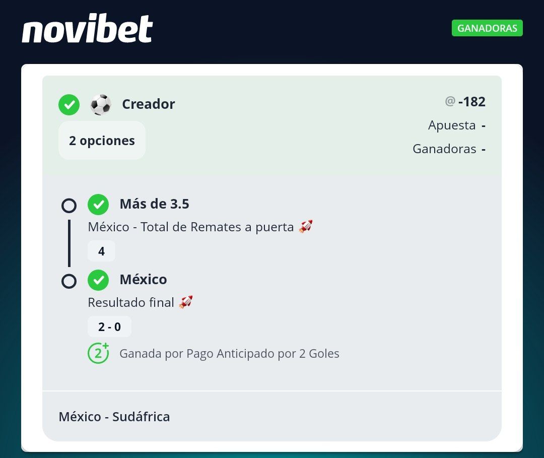 CheloPicks's tweet photo. ¡GANAMOS LA 1ERA DEL MUNDIAL! 🤩
1/1 ✔️

México ML + México más de 3.5 remates al arco ✅️💰

Deja tu 💜 si cobraste conmigo.
#VamosJuntos https://t.co/KQUJEbcZgN