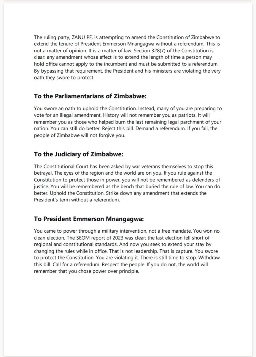 GodfreyMatadi2's tweet photo. Open Letter to Zimbabwe Parliament, Judiciary, Mnangagwa, Ramaphosa, SADC,AU,UK,EU,US &amp; UN.
You can and must do better to stop the destruction of Zimbabwe's Constitution.
- Godfrey Matadi, Zvido ZveVanhu Peoples Party.
11/06/2026. https://t.co/Os4uD2zZqN