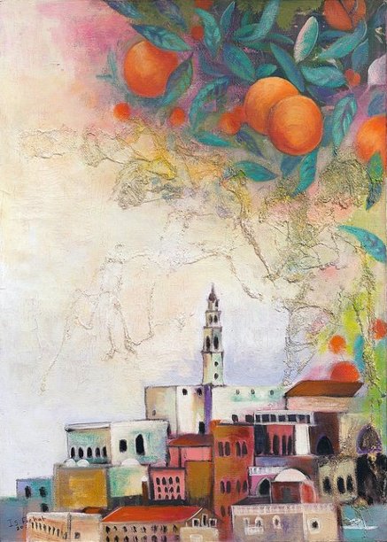 Boudicca61AD's tweet photo. "Jaffa Oranges" by Palestinian artist Isra Frehat, paired with an excerpt from from "Earth" poem by Mahmoud Darwish.
 
In the orchards of Jaffa, oranges once carried the scent of the sea. 
They travelled the world, 
bright, sweet, unmistakable.

Here, women gather at dusk. 
They share bread. They peel fruit. Children run between the trees, laughing. 
Oranges drop at their feet, bright against the earth.