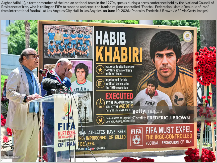 A_Jafarzadeh's tweet photo. NCRI member, Asghar Adibi, who played for Iran's national soccer team, called on FIFA to expel the regime for killing athletes, and urged all to join a major Paris rally on June 20th, to honor those fallen for a free democratic republic Iran, including athletes. #FIFAWorldCup https://t.co/TuoLQKm8ro