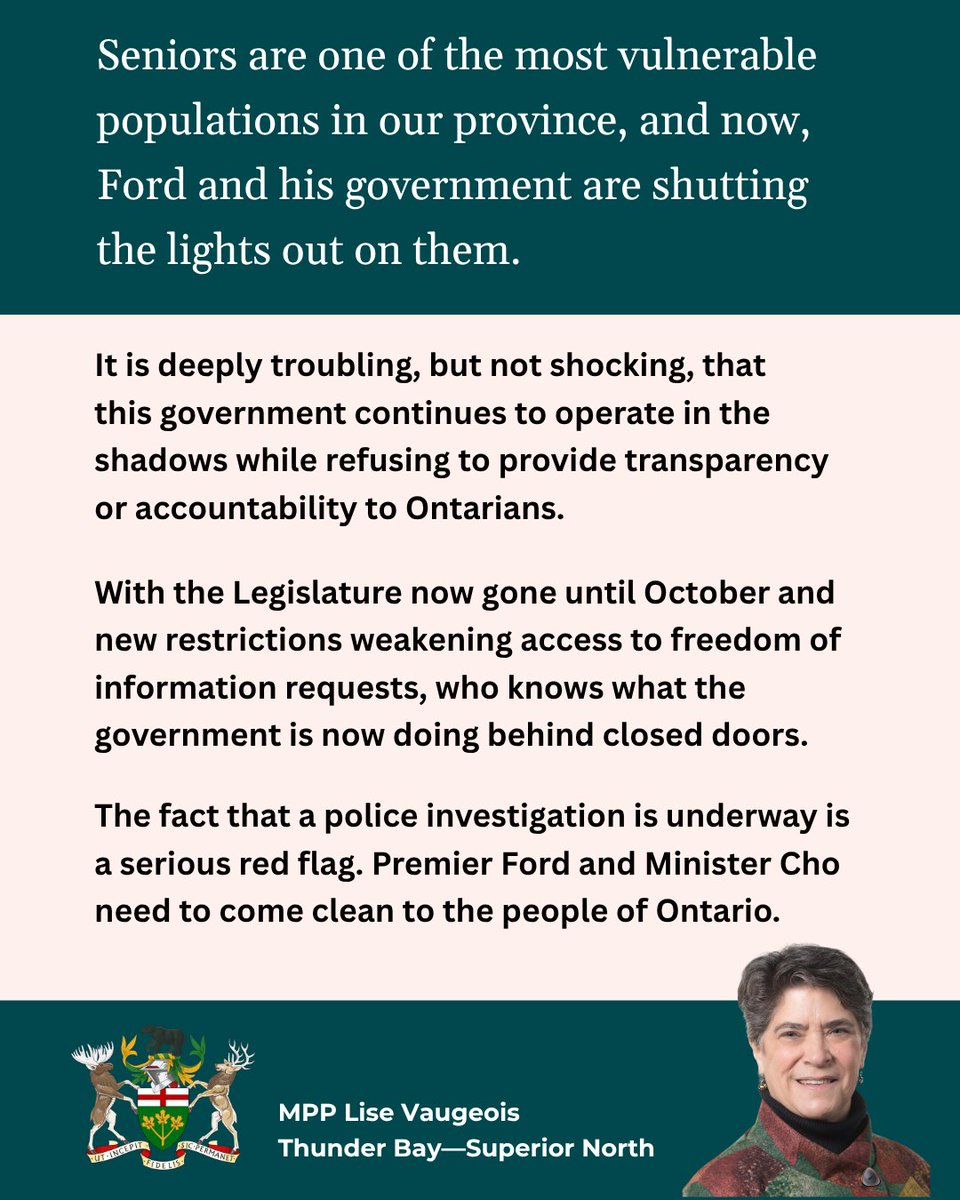 LiseVaugeois's tweet photo. There's a 115-page forensic audit and a police investigation but Ontarians are being kept in the dark.
The very ministry meant to support seniors refusing to tell us what’s going on.
Ontarians, and our seniors deserve accountability and transparency.
#onpoli https://t.co/rvmkXcIwan