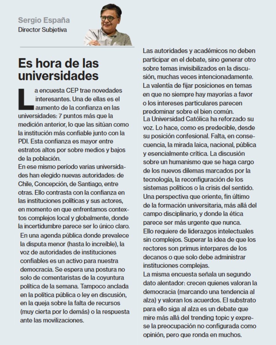 SubjetivaCL's tweet photo. @Sergioespana de @SubjetivaCL , se refiere en columna de opinión en La Segunda a la confianza en las universidades y su rol en el posicionamiento de temas en la discusión pública. https://t.co/EohCE4qJ4y