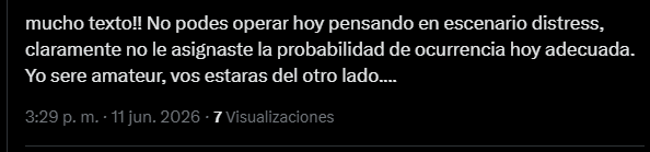 rick_decard's tweet photo. Como a esta chica le molesta el exceso de texto la saco del loop
Contexto dice que no asigno correctamente la probabilidad de ocurrencia adecuada. ok vamos a darle la derecha...
En casos como este te sirve mas agarrar y decir cual es el extremo maximo que podes ganar, el bono en cuestion la primera vez que esta iluminada salio a decirme "como son las cosas" el #AO27 salia sobre par y  resignabas por lo menos 5 meses de pagos.
Hoy en el mejor de los casos el bono tiene un valor terminal de 108 (sumatoria de amortizacion y pagos) y cotiza a 102.25, es decir lo maximo que podes ganar es 5.75 usd por cada 100
Una correccion moderada terminaria llevando este bono a 90 lo cual te generaria un mark to market de 12.25 de perdida (sujeto a en que mes pase dado los pagos mensuales) y una perdida irrecuperable de 2.25 (los cupones que pagaste de mas y termino bajo par)
Si el bono baja a 90 EN CUALQUIER MOMENTO DE SU VIDA, gano mas el que espero y compro a 90 que cualquier otro que comprara en cualquier momento
Mientras que por operar algo caro como esto te hace perder cualquier oportunidad en terminos del dinero que comprometiste en esta garompa
HASTA COMPRAR COME TE DIO MAS GUITA y el lanzamiento de come bimestral en los ultimos meses esta tanto un 10% bimestral si lo haces bien....
Anualizas el lanz de come y tu opinologo es un boludo, te hace ganar menos, correr mas riesgo y si te insistia en operar COME terminabas ganando mas guita vos y mas comisiones ellos...
Si para cometear sirven!