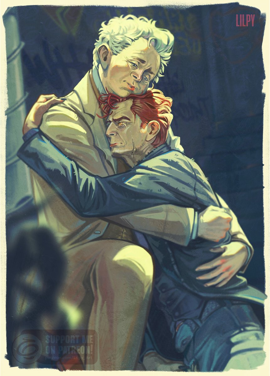 Lilpy_Art's tweet photo. ❤️‍🩹 Come up, darling, let us start to heal together ❤️‍🩹

What if Aziraphale hadn't left Crowley in that dirty alleyway? What if he had helped him up and held him close?

ρατreοn's print for June! https://t.co/OqxADMlzJ3