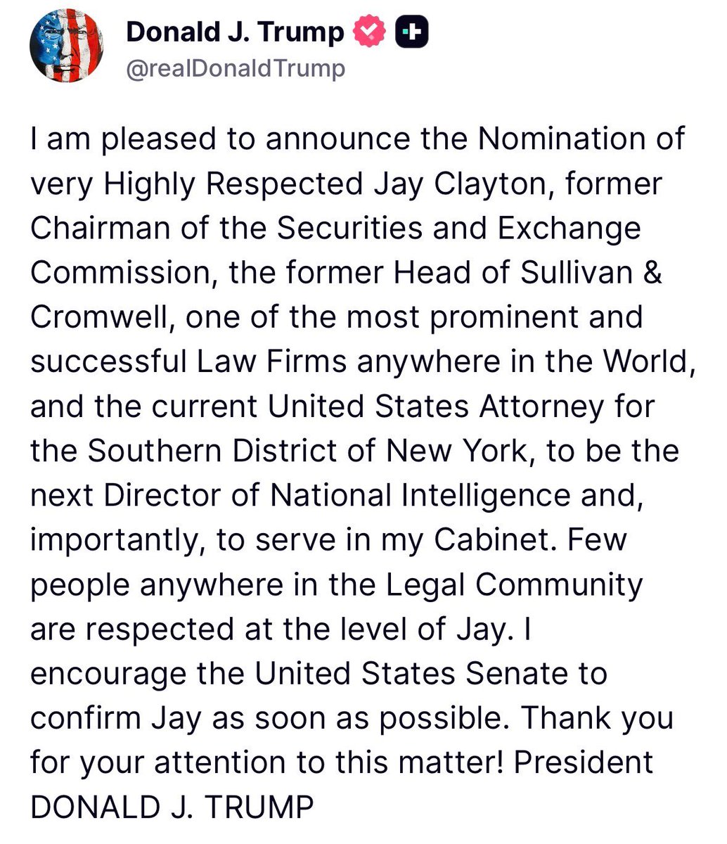 LindseyGrahamSC's tweet photo. Outstanding choice by President Trump to nominate Jay Clayton to be the new Director of National Intelligence. He has real-world experience, the complete confidence of the President and has performed every task in the public and private sectors in an exemplary manner.
 
I look forward to making sure that Jay is confirmed and can take on his responsibilities ASAP.