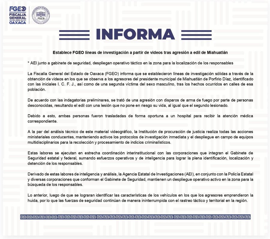 azucenau's tweet photo. 🚨Atentan contra César Figueroa, presidente municipal de Miahuatlán de Porfirio Díaz, Oaxaca.

El alcalde y otro funcionario del Ayuntamiento resultaron heridos tras una agresión armada reportada por autoridades locales como un atentado. https://t.co/XHSup0ZbyJ
