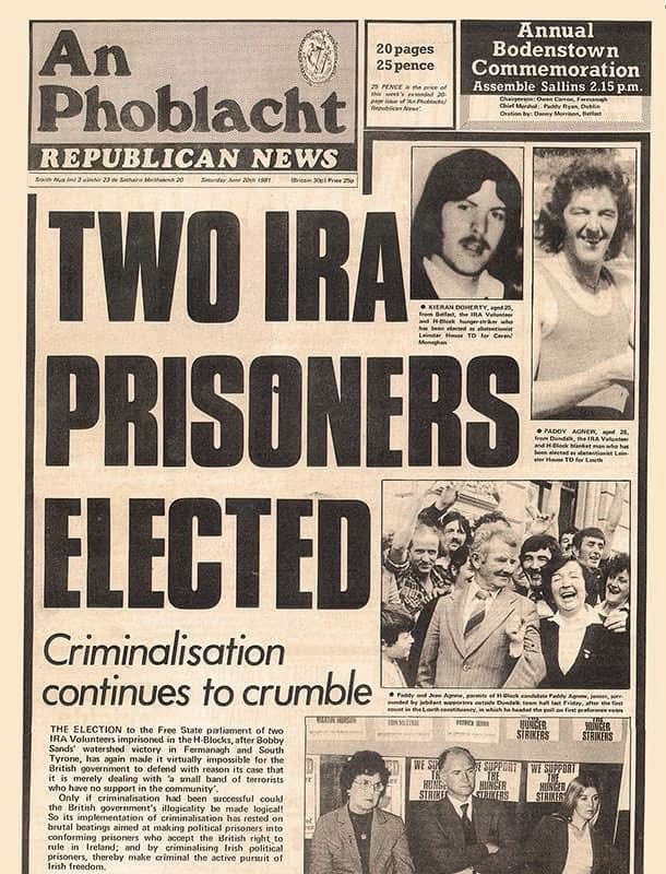 Ogra_SF's tweet photo. #OTD 1981, Óglaigh Kieran Doherty and Paddy Agnew were elected to the Dáil.

“Thatcher can’t break us. Lean ar aghaidh. I’m not a criminal.” - Kieran Doherty TD 🇮🇪 https://t.co/v8nFOvy3D8