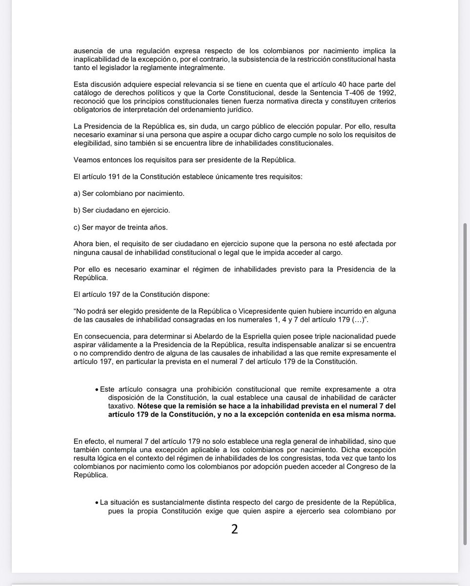 alazamo123's tweet photo. La Constitución, la ley y la jurisprudencia de la Corte Constitucional son claras, el acceso a la Presidencia de la República está sujeto al cumplimiento estricto de los requisitos y condiciones constitucionales. En el caso de @DELAESPRIELLAE , quien tiene doble nacionalidad, NO PUEDE acceder al cargo de la presidencia de la República, y esta circunstancia merece un análisis jurídico riguroso y no simples opiniones políticas. 

Vean y escuchen el video que hice para todos y háganse un criterio👇👇👇👇👇👇👇
