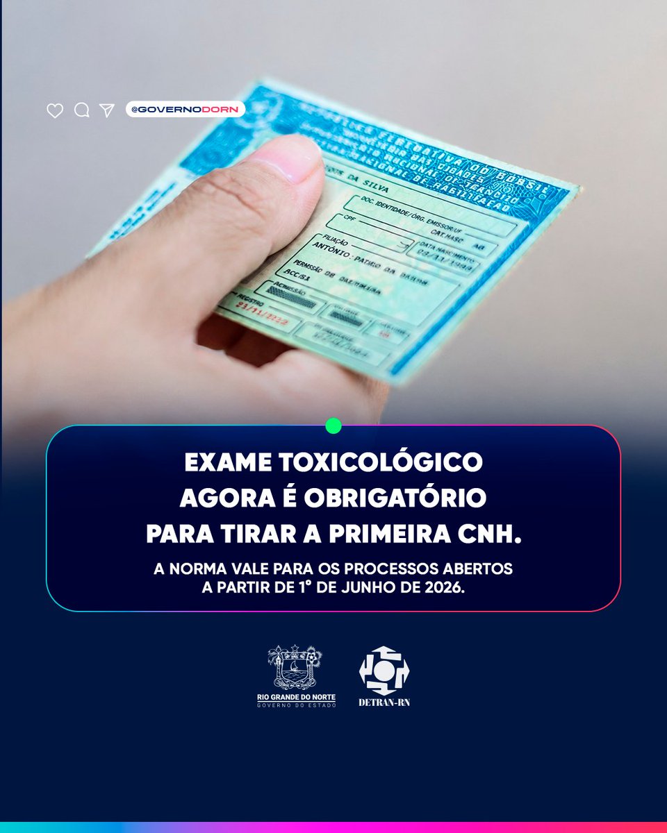 detran_rn's tweet photo. Nova exigência para a primeira CNH no RN: desde 1º de junho, o exame toxicológico é obrigatório para as categorias A, B e AB. O resultado precisa ser negativo para emitir a Permissão para Dirigir. Laboratórios credenciados em https://t.co/R1vrFhSTPU. https://t.co/hheriRQMEi