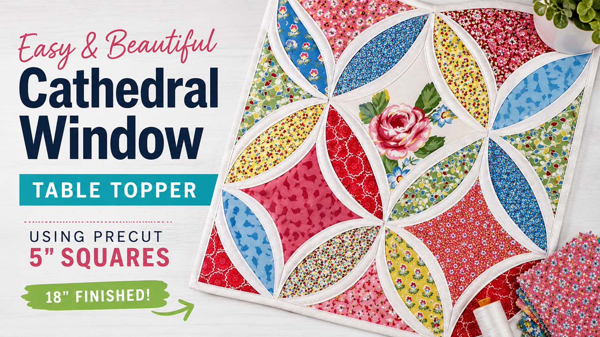 Sit_N_Sew's tweet photo. Cathedral Windows without curved piecing? Yes, please. See how Lisa uses 5" precut squares and folded white triangles to make a stunning table topper with beautiful magic curves.

Blog: https://t.co/wD3KU7zGGI
Video: https://t.co/GuTjzo12hG https://t.co/IPCzPftMUx