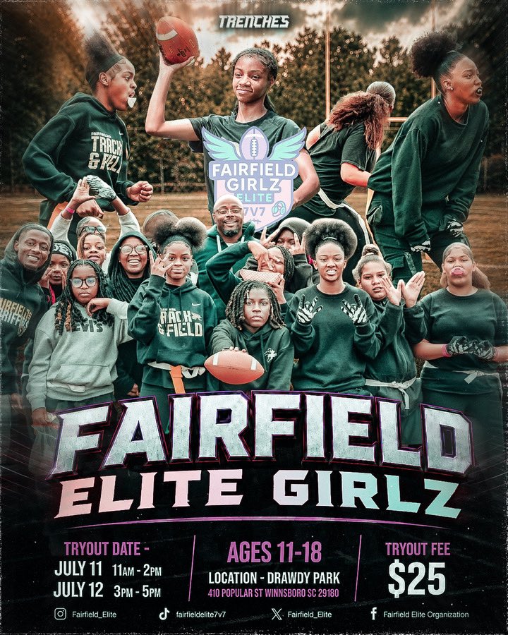 Fairfield_Elite's tweet photo. They said football wasn’t for girls. We took that personally. 😤🏈
Fairfield Elite Girlz is looking for the next group of competitors ready to dominate on the field. Speed. Skill. Attitude. Bring it all.
📅 July 11-12
📍Drawdy Park
Tryout fee 💵 $25
#Anotherlevel https://t.co/e0tIC2Et5N