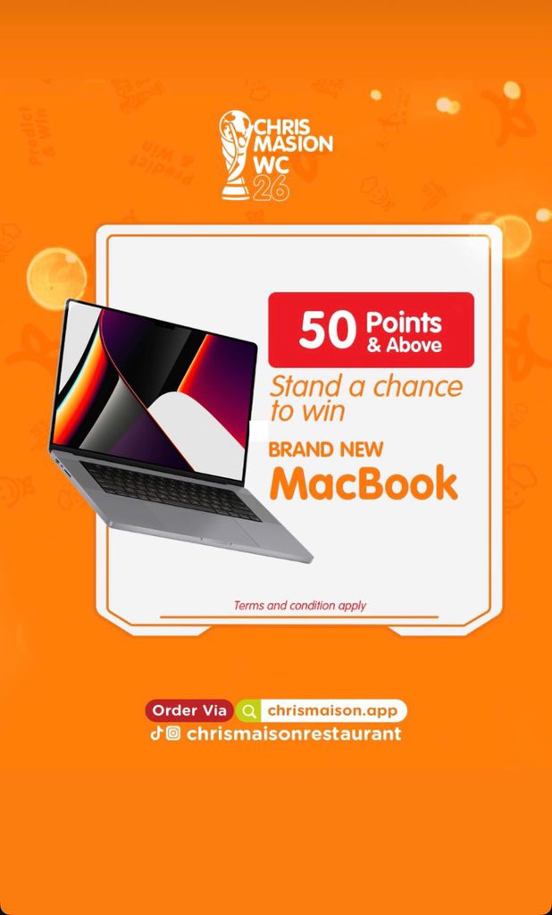 datMiamiguy's tweet photo. Predict the World Cup winner, earn 50+ points through ChrisMaisonApp orders, and you could be celebrating with brand-new tech. 💻⚽

🔗 https://t.co/ISbOlMCFVo

#OrderOnChrisMaisonApp #PredictWorldCupWinnerToWin https://t.co/QtDkoeSF0t