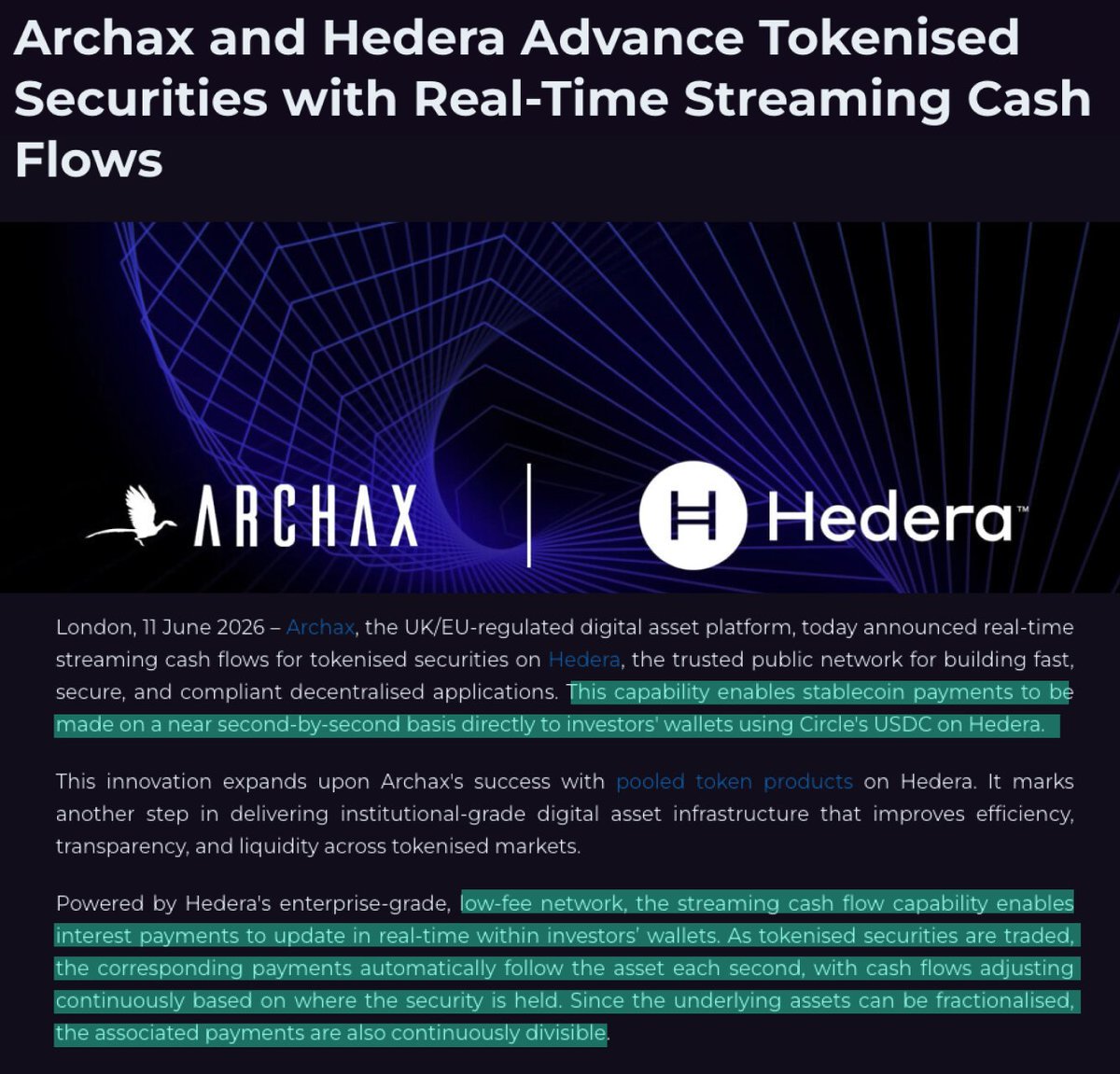Tokenicer's tweet photo. 🏦Archax x $HBAR continues to bring new solutions to institutional RWAs

They were one of the first to deploy tokenized MMFs

Then the two launched Pooled Tokens last year.

Now we're seeing real-time streaming cash flows.

This is perfectly aligned with institutional RWA developments over the past few years.

As tokenized securities generate yield, payments can be streamed directly to investors’ wallets in real time.

No waiting for month-end distributions.

No waiting for quarterly payouts.

We already see this feature occur in regular everyday crypto things like daily yield in DeFi or staking.

Hedera and Archax are bringing those real-time cashflow assets to TradFi now.

Bonds. Dividends. Rental Income & more.

Coming to the Hashgraph.