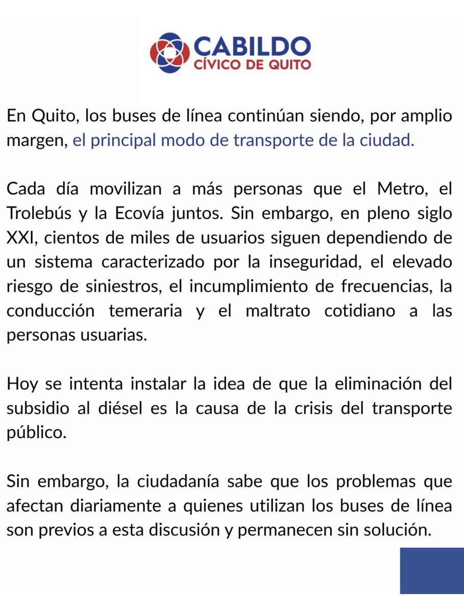 CabildoCivico's tweet photo. 🛑 Controlar, fiscalizar y exigir que el servicio de trasporte  de buses sea adecuado es responsabilidad directa del @MunicipioQuito. 
3 años de alcaldía y la ciudadanía sigue esperando que hagan su parte…

Acá el comunicado ⬇️⬇️⬇️ https://t.co/KbOxAsmvwM