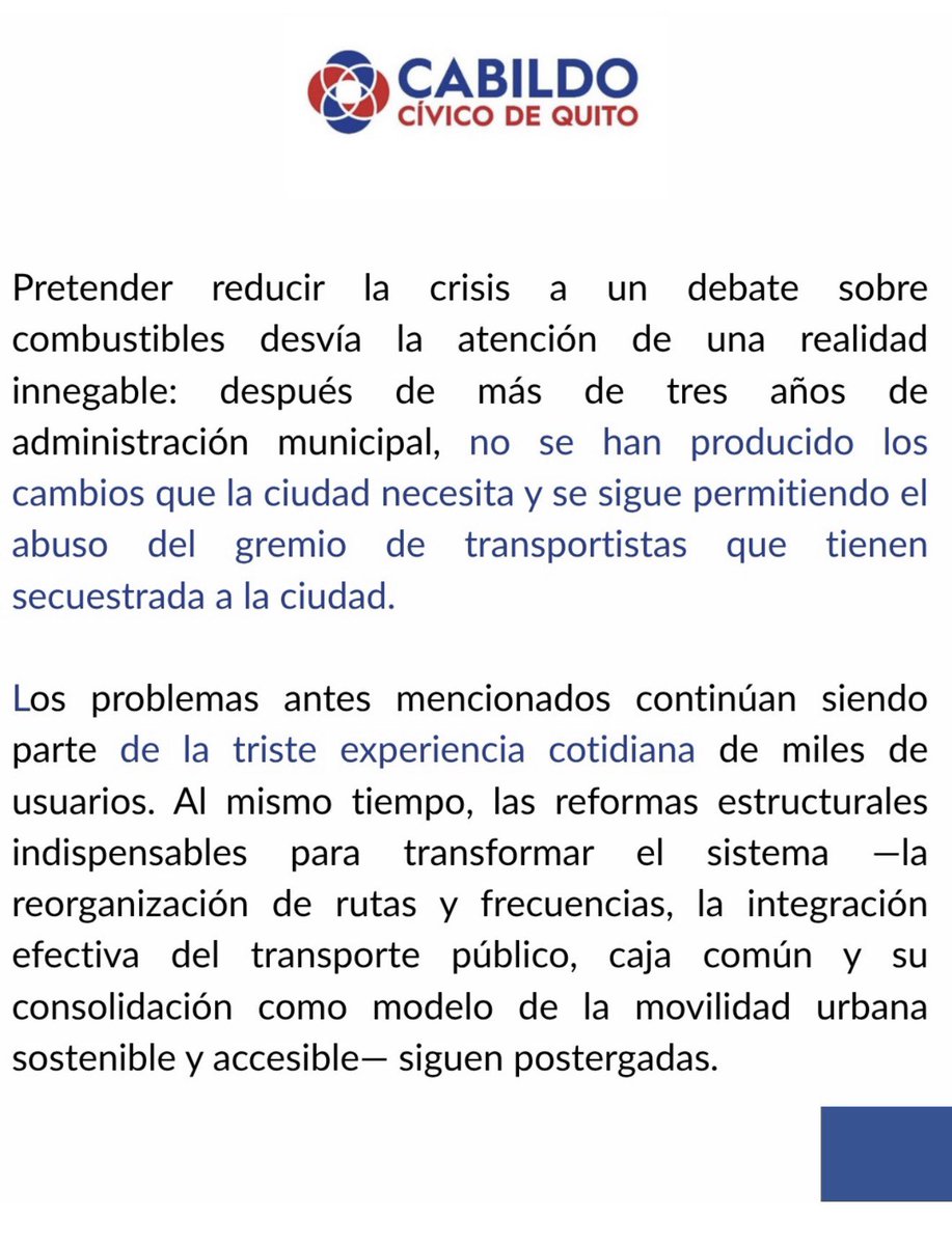 CabildoCivico's tweet photo. 🛑 Controlar, fiscalizar y exigir que el servicio de trasporte  de buses sea adecuado es responsabilidad directa del @MunicipioQuito. 
3 años de alcaldía y la ciudadanía sigue esperando que hagan su parte…

Acá el comunicado ⬇️⬇️⬇️ https://t.co/KbOxAsmvwM