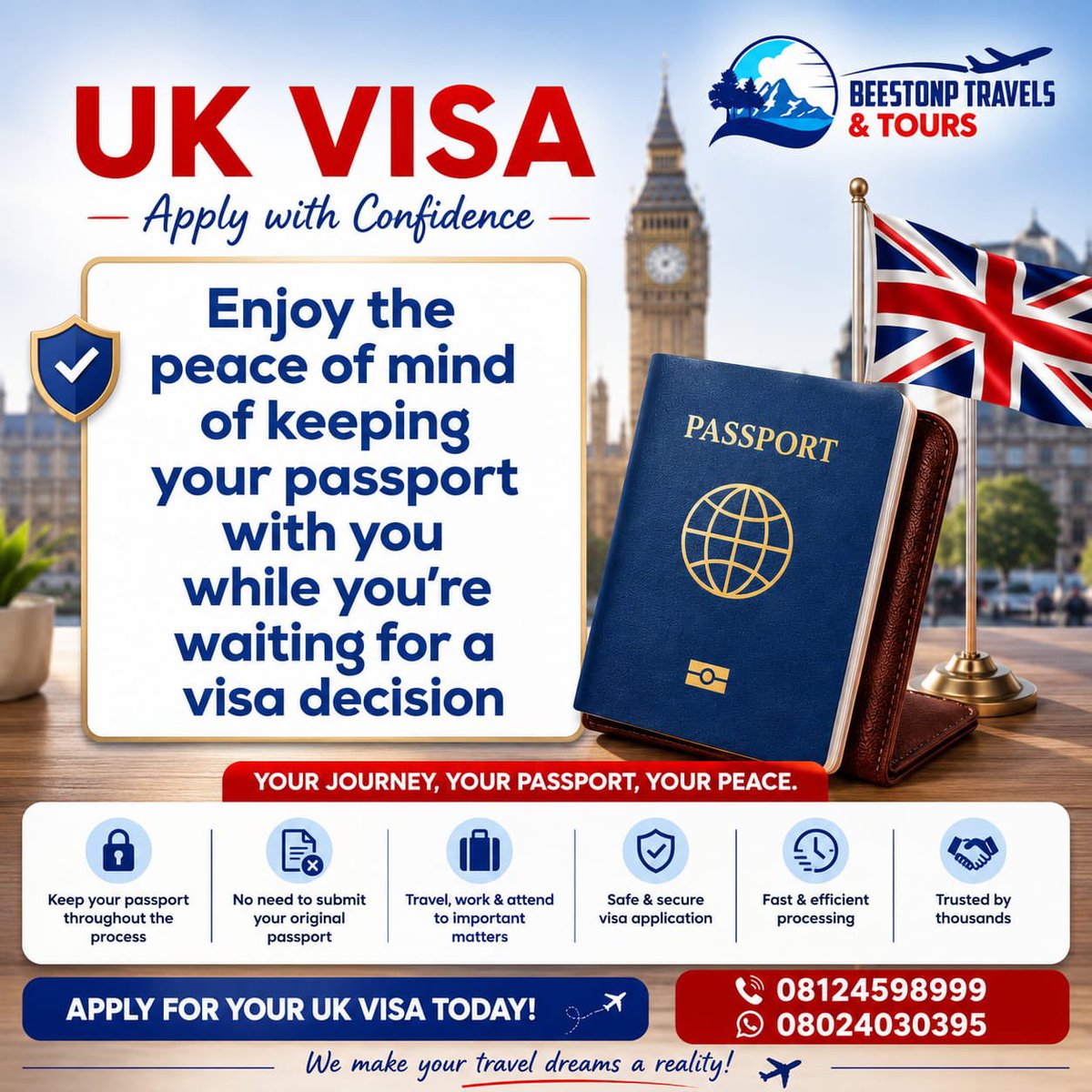 AndBeestonp's tweet photo. UK Visa Applicants, Here’s Some Good News!
Did you know that eligible UK E-visa applicants can keep their passport while waiting for a visa decision? 

This means you can enjoy peace of mind and maintain access to your travel document throughout the application process. https://t.co/7pj5LIYBnM