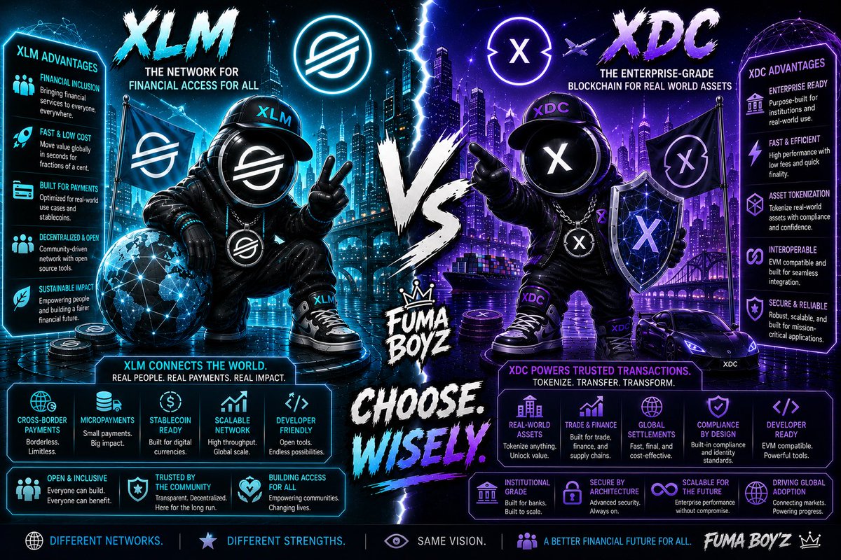 FUMA_BoyZ's tweet photo. 🚀⚡ XLM vs XDC ⚡🚀

Two blockchain giants. Two different missions. One question…

🔥 Which network has the brighter future?

💠 XLM (Stellar)
✅ Fast Payments
✅ Financial Inclusion
✅ Low Fees
✅ Global Access

🟣 XDC Network
✅ Real-World Asset Tokenization
✅ Trade Finance
✅ Enterprise Adoption
✅ Institutional Utility

🎙️ FUMA Boy’Z breaks it down!
💬 Drop your winner in the comments:
👉 Team XLM or Team XDC?

🔥 Like • Share • Follow for more crypto battles
📈 Not financial advice. Just crypto conversations.

#XLM #Stellar #XDC #XDCNetwork #Crypto #Cryptocurrency #Blockchain #Tokenization #RWA #TradeFinance #Altcoins #CryptoCommunity #CryptoNews #DigitalAssets #FutureOfFinance #Web3 #CryptoTikTok #FUMABoyz #ChooseWisely #BullRun2026 #Investing #CryptoBattle #FinancialFreedom #AltcoinSeason #HODL

⚡ XLM vs XDC ⚡
“One connects the world. One tokenizes it. Which side are you on?” 👀🔥