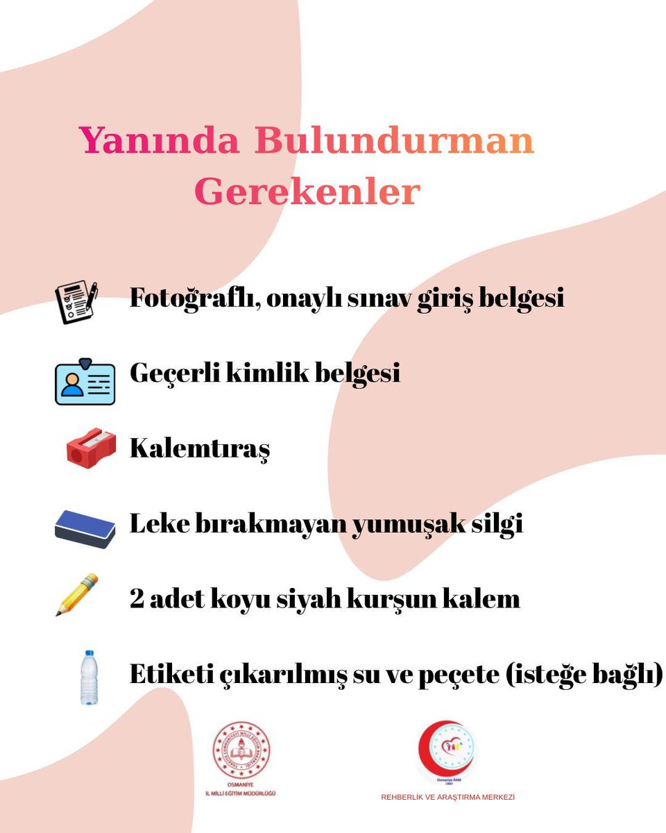 osmaniyeilmem's tweet photo. Sevgili Öğrencilerimiz, 

Aylar boyunca gösterdiğiniz emek, sabır ve azim için hepinizi gönülden kutluyoruz.

Sınav günü kendinizi daha rahat ve hazır hissetmeniz için, sınav öncesinde ve sınav anında dikkat etmeniz gereken önemli noktaları sizler için bir araya getirdik.

Gününüzü kolaylaştıracak ve süreci daha rahat yönetmenize yardımcı olacak tüm detaylar görsellerimizde sizleri bekliyor. ⏩

Unutmayın; siz elinizden gelenin en iyisini yaptınız. Şimdi bilgi birikiminize, emeğinize ve kendinize güvenme zamanı. 

Başarılar diliyoruz. 🍀
#LGS2026 

@ALBAKAydn @valiserdengecti @tcmeb