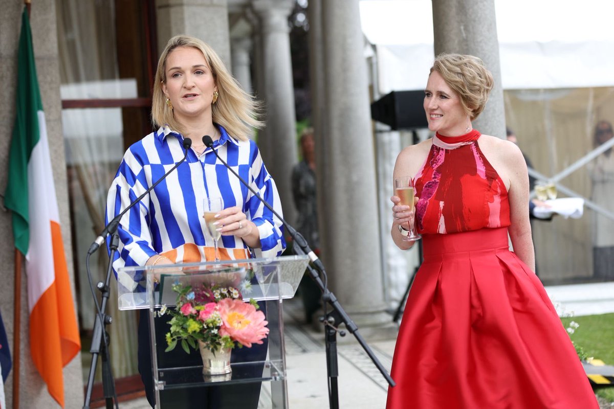 BritEmbDublin's tweet photo. Delighted to welcome Minister @HMcEntee to Ambassador @karaowen’s first King’s Birthday Party at Glencairn residence 🎉 🇬🇧

A wonderful evening celebrating the UK Ireland relationship, with guests from across politics, business, academia, the arts and civil society 🤝 https://t.co/M4jQJhzt8R