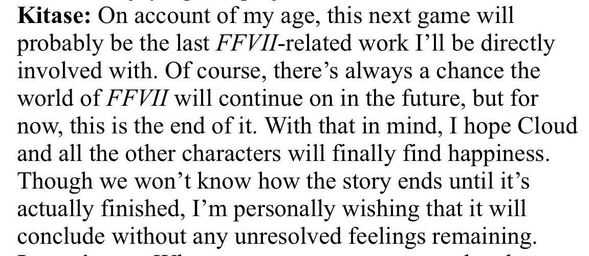 Fenrithial's tweet photo. So, Hamaguchi ended the recent interview specifically singling out Kitase, OG FF7's director, as a person that had his ideas implemented into the ending of FF7 Revelation (top left screenshot). Just gonna remind everyone what Kitase's general vision has been for FF7R. https://t.co/7TrT1ZAVI4